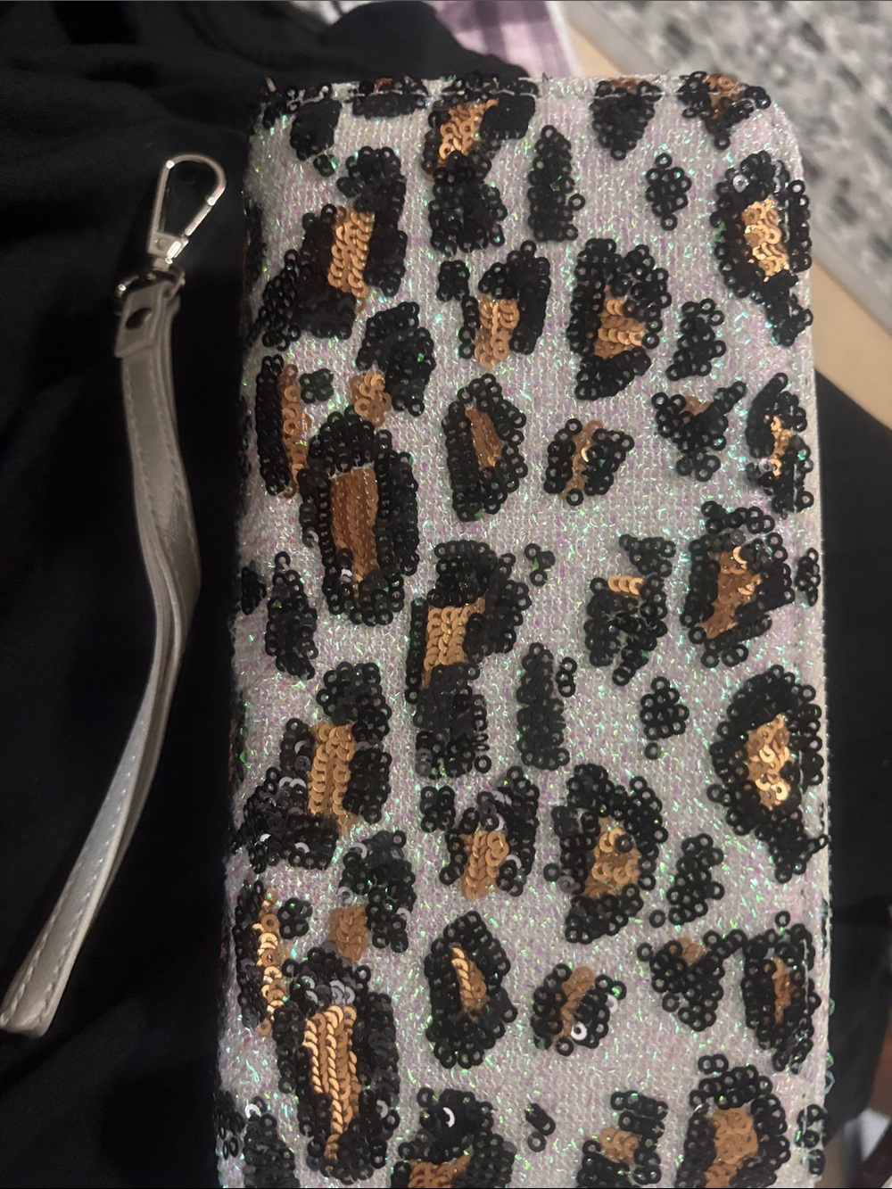 Sequin Leopard Print Wristlet Clutch - Gold & Black
